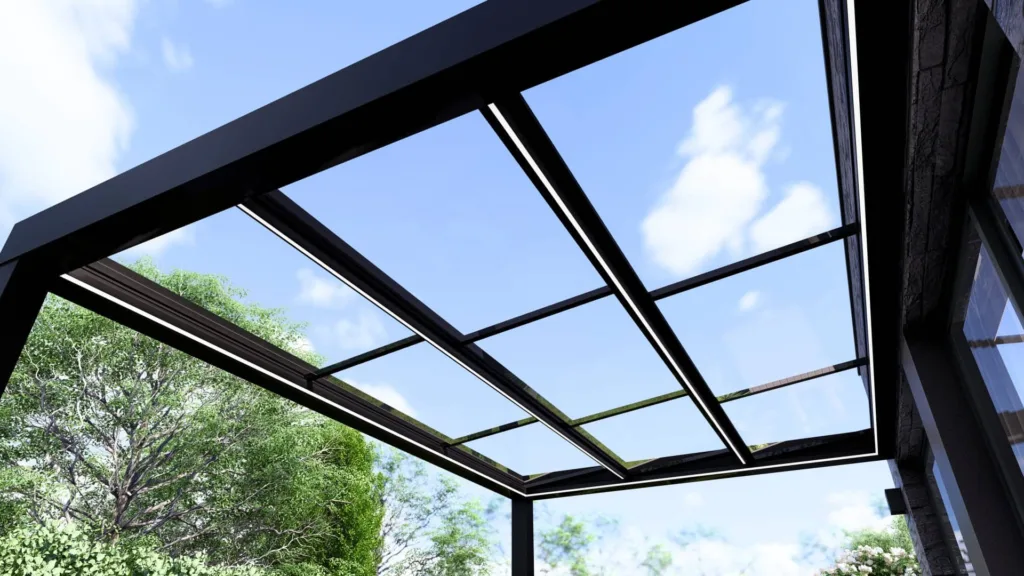 pergola toiture vitrée concept alu normandie vue du bas 