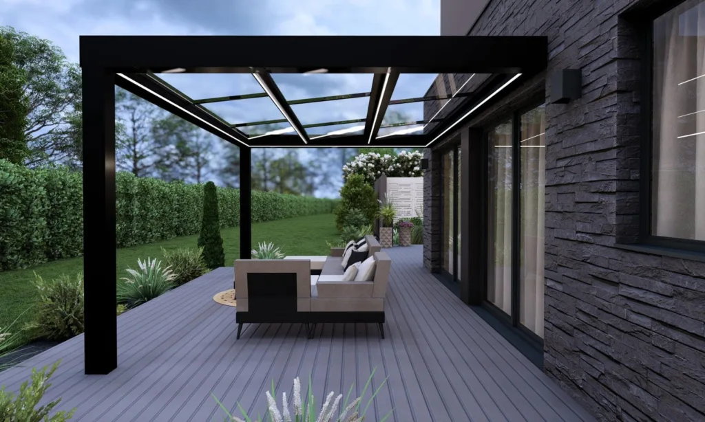 pergola toiture vitrée concept alu normandie vue de côté 